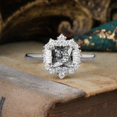 Princess Cut Black Rutilated Quartz Engagement Ring Brilliant Cluster Ring